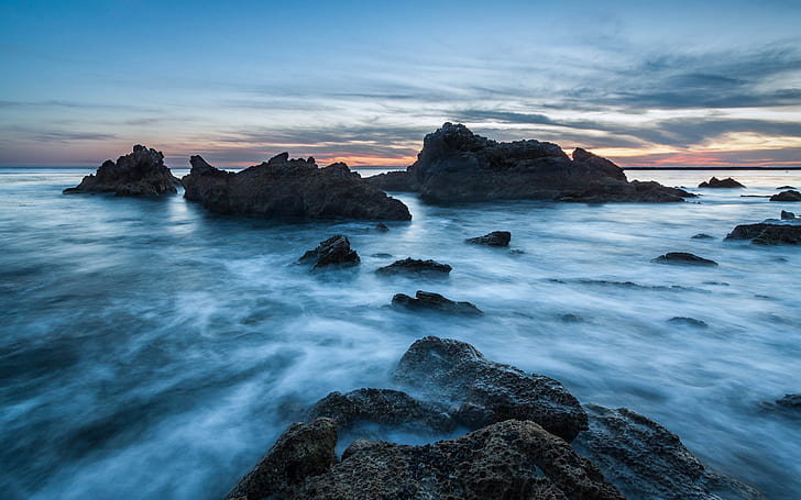 USA, California, ocean, beach, stones, sunset, blue, HD wallpaper