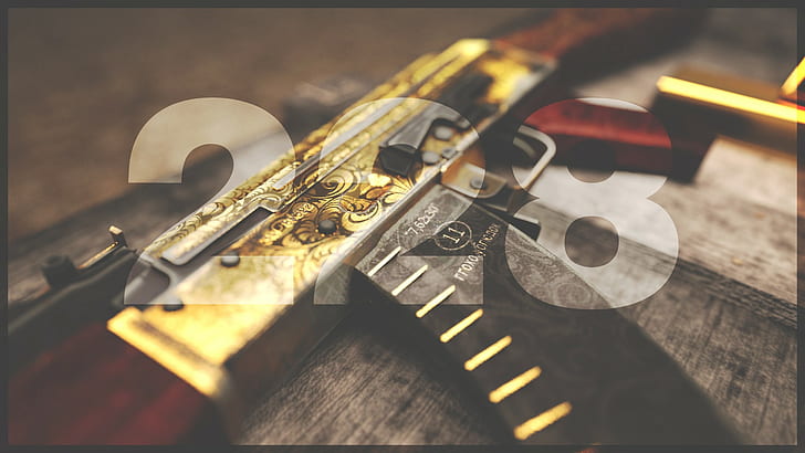 gold, gun, numbers, AKM, HD wallpaper