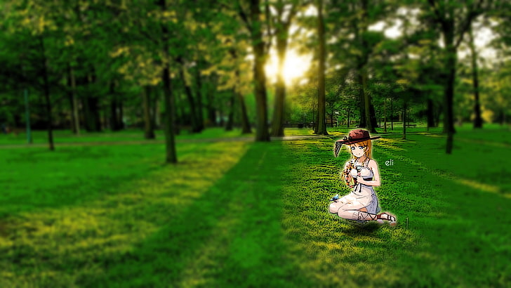 Ayase Eli, grass, lens flare, blurred, plant, tree, real people