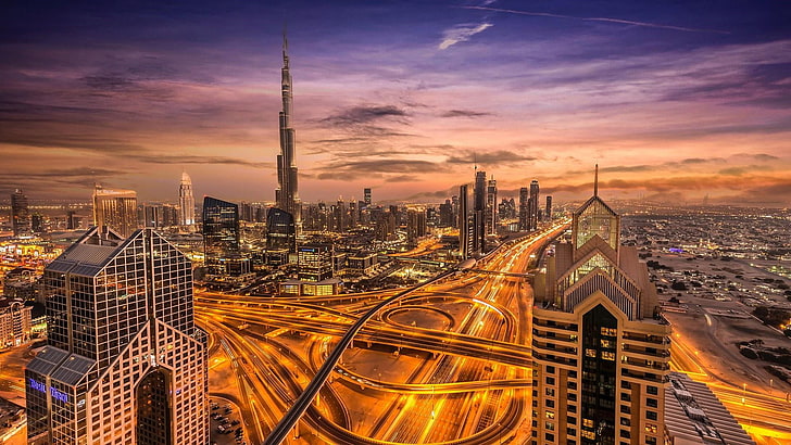 horizon, asia, burj khalifa, uae, sunset, united arab emirates, HD wallpaper