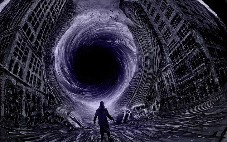 man standing in front of blackhole painting, black holes, warp