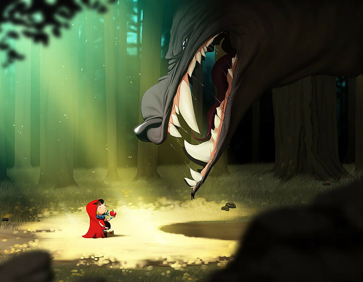 Little Red Riding Hood, wolf, wood, forest, HD wallpaper