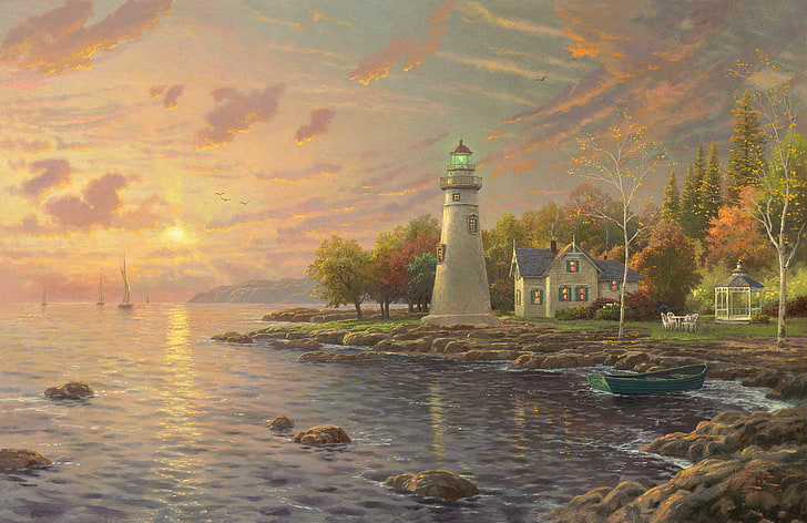 white and gray lighthouse near body of water, autumn, sunset