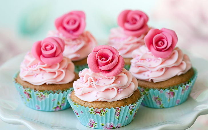 pink icing cupcakes, dish, muffins, roses, cream, dessert, food, HD wallpaper