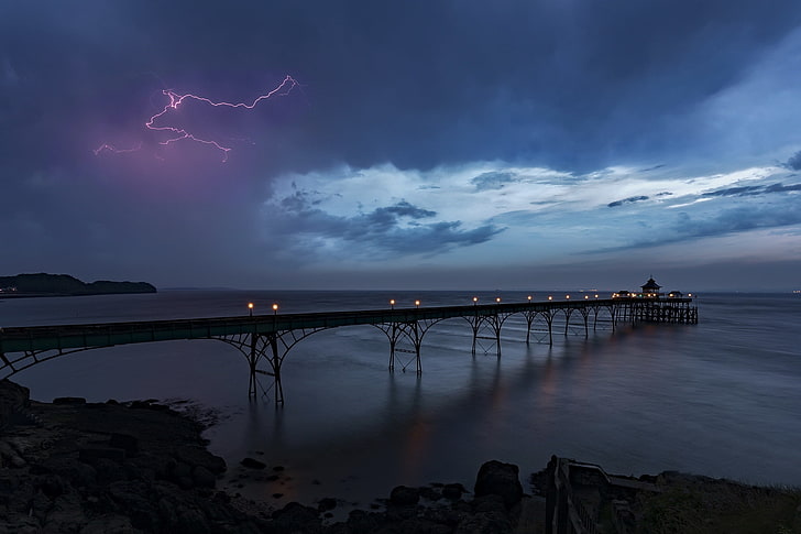 lightning, storm, pier, sea, sky, water, beauty in nature, cloud - sky, HD wallpaper