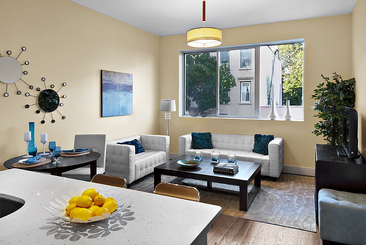 white leather sofa set, interior design, style, city, urban apartment, HD wallpaper