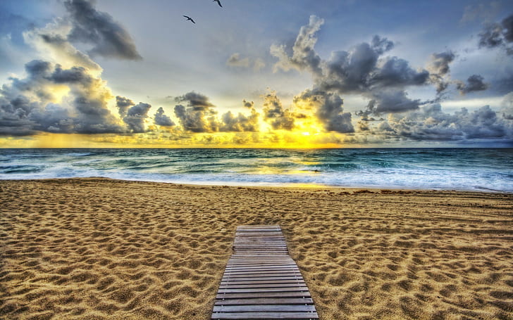 nature, beach, sunset, waves, sea, clouds, HD wallpaper