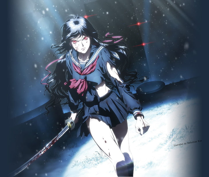 anime girl character holding katana digital wallpaper, Blood-C, HD wallpaper