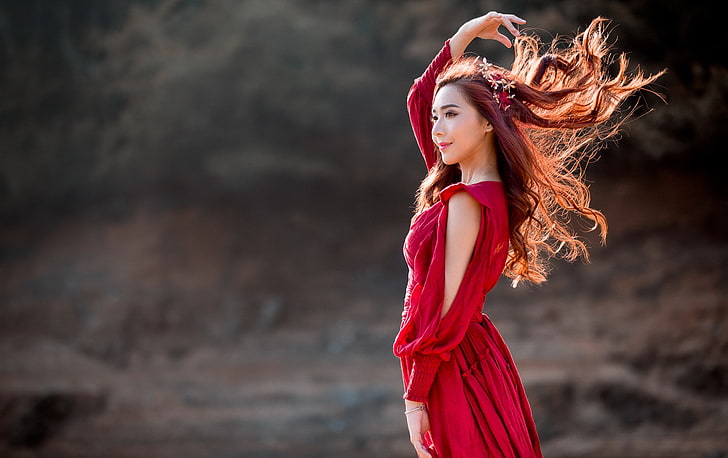 HD wallpaper: red dress, long hair, Asian, women outdoors, model, one  person | Wallpaper Flare