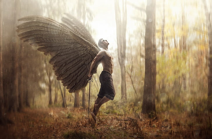 men, fantasy art, angel, wings, shirtless, HD wallpaper