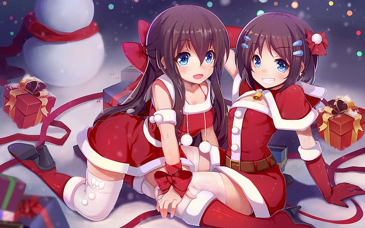 HD wallpaper: anime girls, Santa costume, nerv110, couple, Christmas  presents | Wallpaper Flare