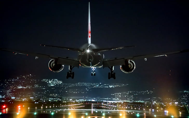 Airport, Airplane, Lights, Landing, Technology, Osaka, Japan, Cityscape, Night, HD wallpaper
