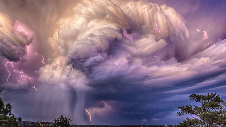 sea of clouds, purple and white clouds painting, lightning, nature