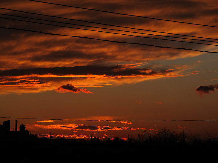 black cable wire, sunset, clouds, orange sky, dusk, skyscape, HD wallpaper