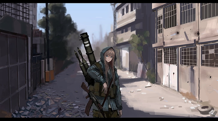 anime, anime girls, gun, weapon, long hair, building exterior