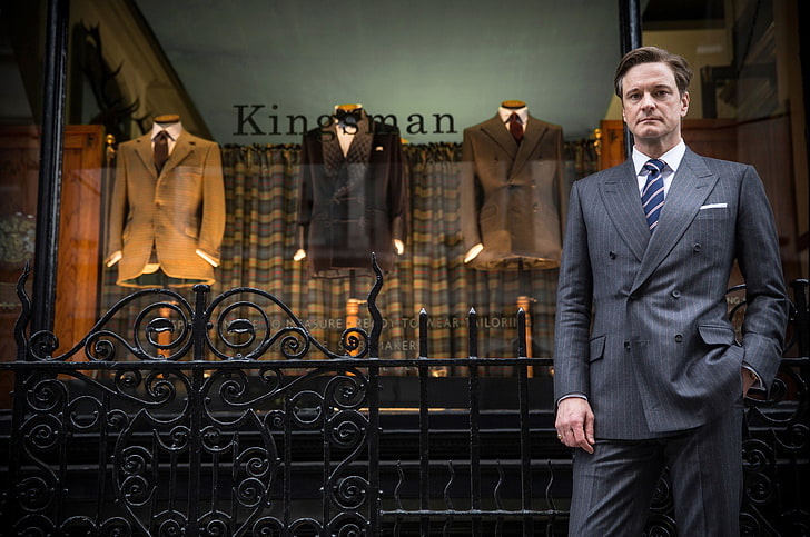 men's blue pinstriped suit, Colin Firth, Kingsman, businessman