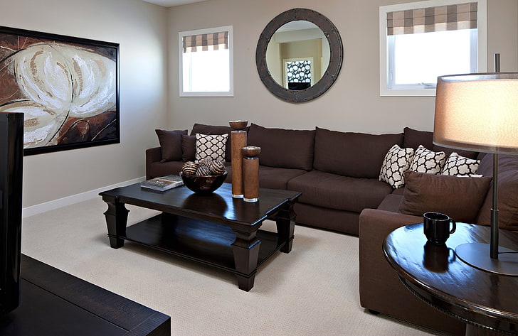 brown suede sectional sofa set, living rooms, interior design, HD wallpaper