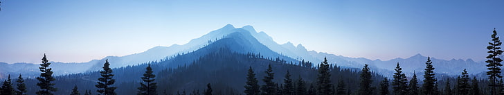 trees skyline, Far Cry 5, mountains, blue, video games, panoramic, HD wallpaper