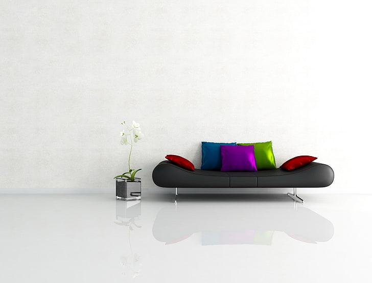 black bench and assorted-color throw pillows, graphics, interior, HD wallpaper