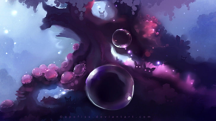 tree illustration, artwork, bubbles, trees, creature, fantasy art