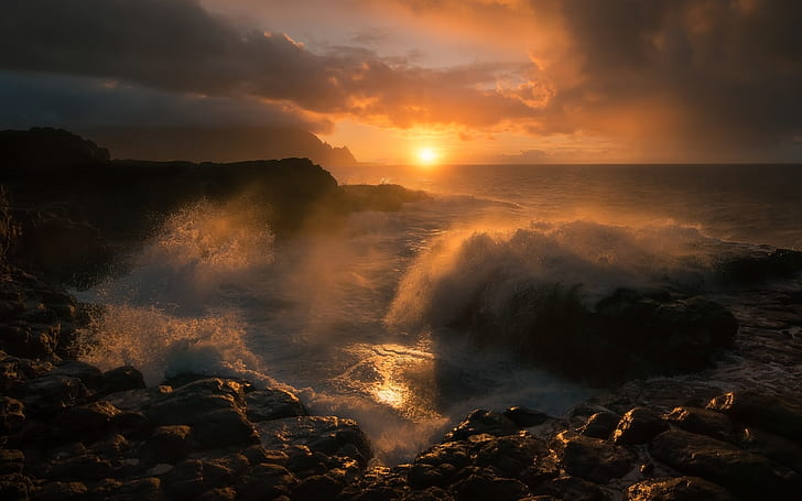 Coast beautiful dawn, sunrise, sea, waves, rock mountain near ocean at golden hour photo, HD wallpaper