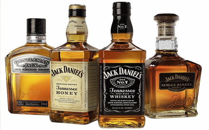 four Jack Daniel's whiskey bottles, drink, alcohol, container, HD wallpaper