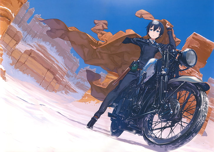 Hermes, Kino no Tabi, motorcycle, transportation, men, snow, HD wallpaper