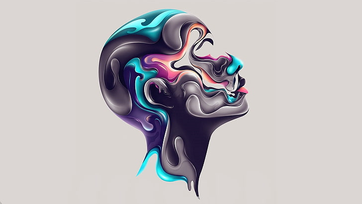 purple and teal person illustration, face, paint, profile, abstraction, HD wallpaper