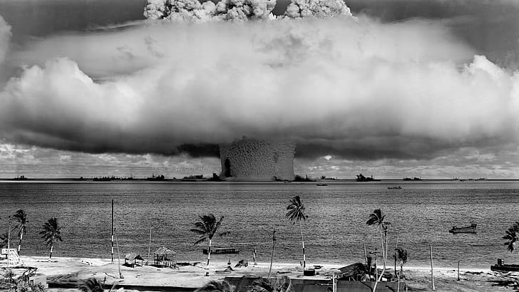 nuclear bombs beach bikini atoll, water, environment, sea, smoke - physical structure, HD wallpaper