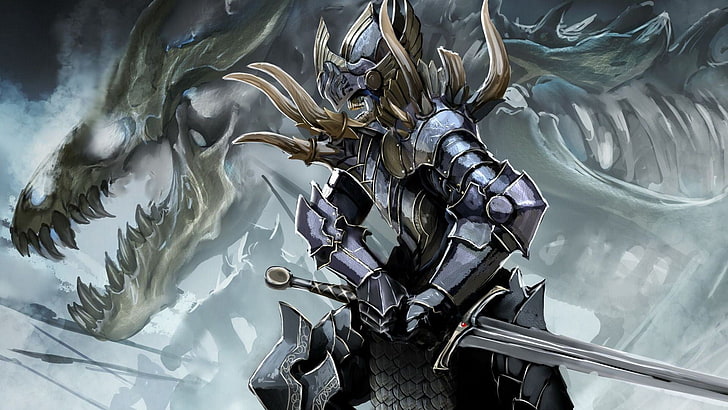 person wearing armor and sword game wallpaper, dragon, knight