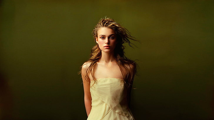 women's white stapless top, Keira Knightley, actress, looking at viewer, HD wallpaper