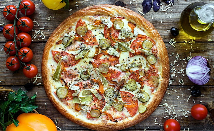 food, pizza, tomatoes, vegetables, Onions