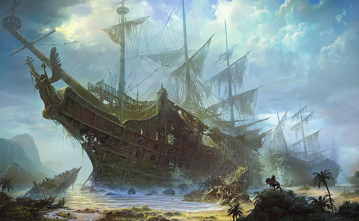 ghost ship illustration, ships, old, wreckage, beach, sea, sky, HD wallpaper