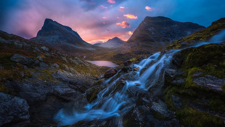 waterfalls, nature, mountains, mountain pass, sunrise, clouds, HD wallpaper