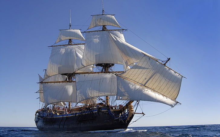 white and brown galleon ship, sea, the ocean, sailboat, nautical Vessel