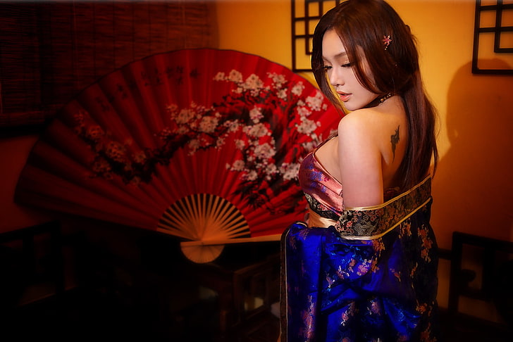women's blue, pink, and black floral kimono dress, Asian, one person, HD wallpaper