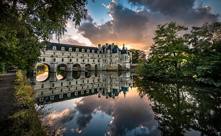 trees, sunset, reflection, river, castle, France, Castle of Chenonceau