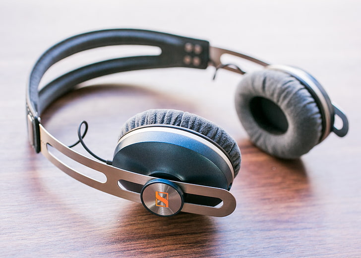 black and gray corded headphones, Sennheiser, music, still life
