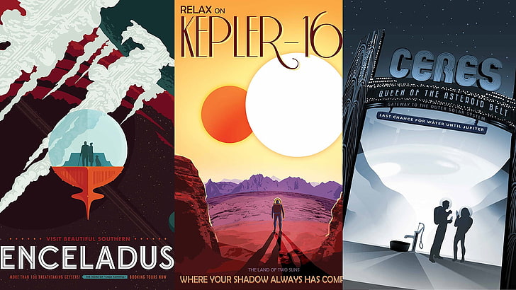 three assorted books, Travel posters, the expanse, NASA, text