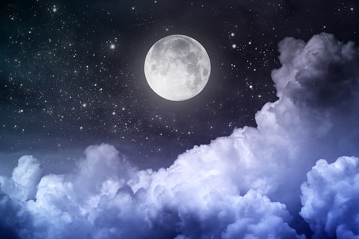 full moon, the sky, stars, clouds, landscape, night, The moon, HD wallpaper