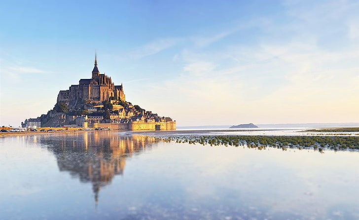 reflection, Mont Saint-Michel, Abbey, island, landscape, cityscape