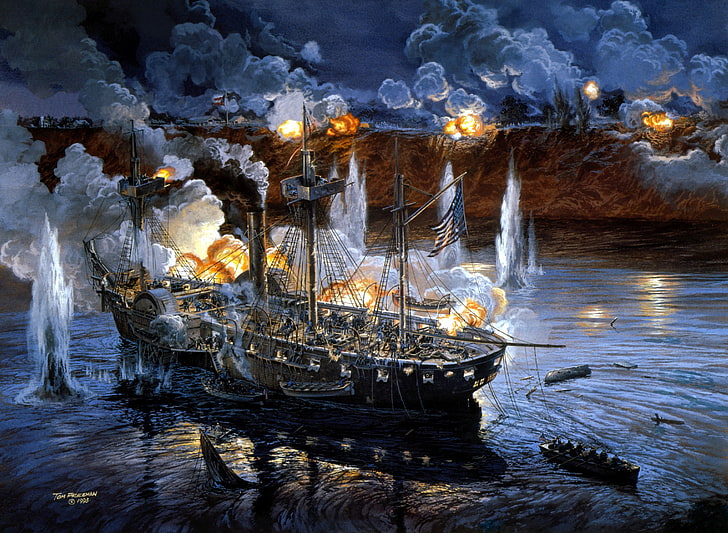painting of sheep, ship, battle, art, artist, Navy, sea, shots, HD wallpaper