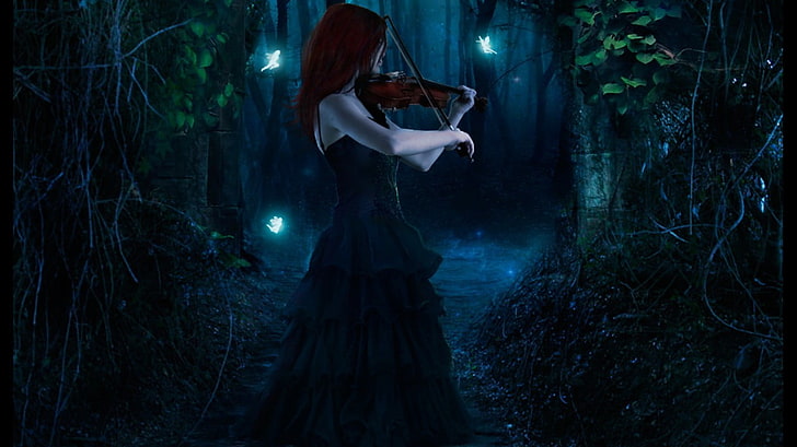 night, violin, fairies, forest, fantasy girl, dark, one person, HD wallpaper