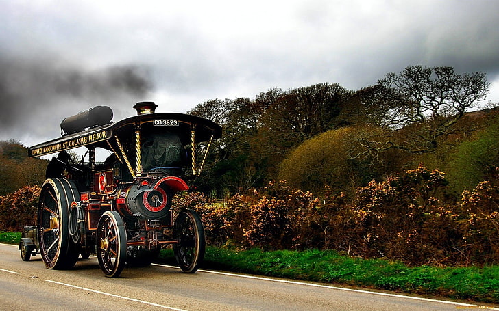 black and red smoke train, vintage, road, steam locomotive, vehicle