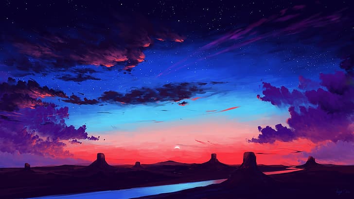 BisBiswas, digital art, sunset, clouds, river, rocks, stars