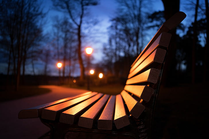 night, park, bench, lantern
