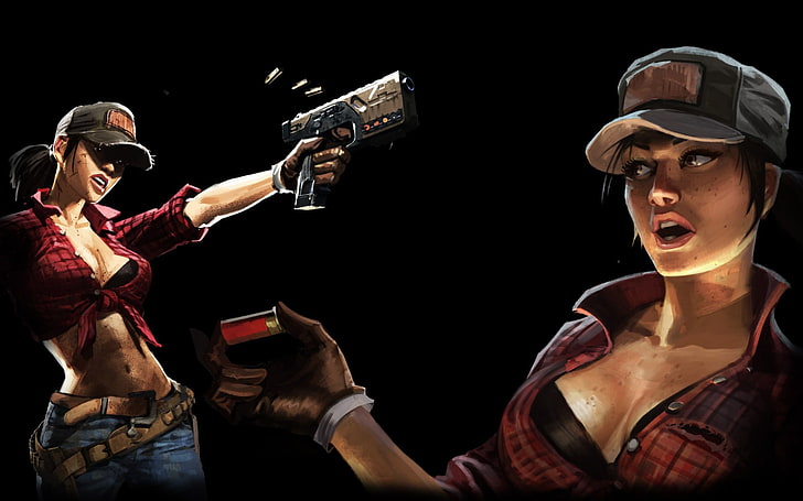woman wearing red shirt and gun wallpaper, digital art, fantasy weapon