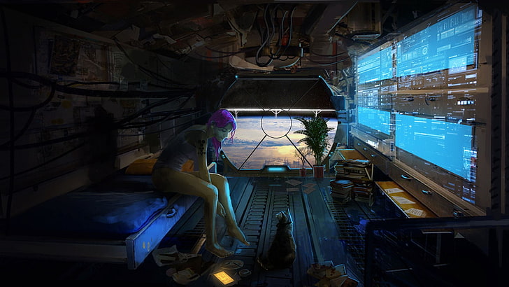 purple haired female game character, science fiction, artwork, HD wallpaper