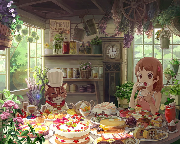 HD wallpaper: tea, clocks, anime, cake, food, pastries, anime girls, cat |  Wallpaper Flare
