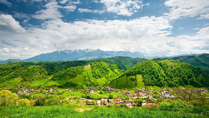 mountain covered with green trees, landscape, hills, village